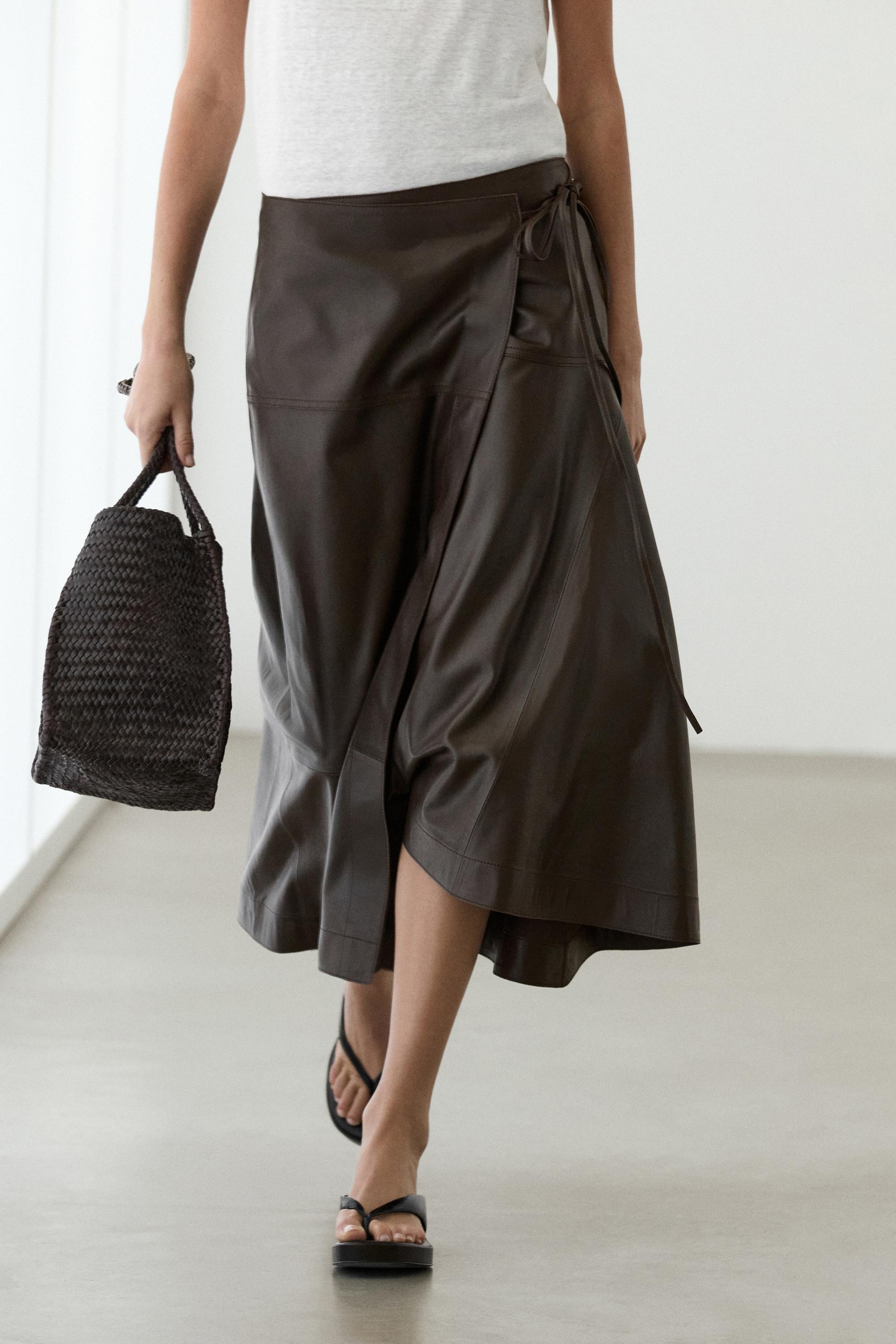 Nappa leather midi skirt with tie detail